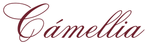 The word "Camellia" is written in a decorative, cursive maroon font on a transparent background.