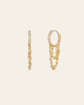 The CAMELLIA Willo Cz Chain Hoop Earrings are crafted in 14K yellow gold vermeil with gemstones and dangling chains accented by small beads.