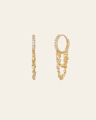 The CAMELLIA Willo Cz Chain Hoop Earrings are crafted in 14K yellow gold vermeil with gemstones and dangling chains accented by small beads.