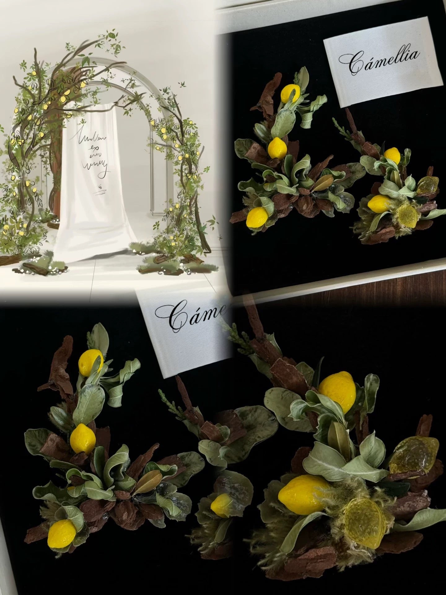 A decorative arch displays "Umbra Nairy" with close-ups of green and brown floral arrangements accented in yellow. A CAMELLIA card highlights the beauty of customized wedding jewelry, complemented perfectly by the adjustable Customized Wedding Flower Rings.