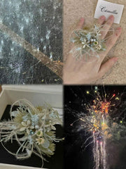 Four images: close-up of fireworks, a hand presenting the 'Customized Symbol Flower Ring' labeled 'CAMELLIA,' the ring in a box, and vibrant fireworks in the night sky. The ring showcases exquisite dried preserved flowers embodying nature's timeless elegance.