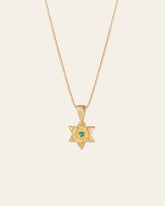 The CAMELLIA Elsa Lily Emerald Necklace, handcrafted in New York, features a star-shaped pendant with an emerald gemstone set in 14K Yellow Gold Vermeil.