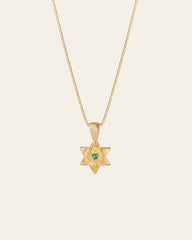 The CAMELLIA Elsa Lily Emerald Necklace, handcrafted in New York, features a star-shaped pendant with an emerald gemstone set in 14K Yellow Gold Vermeil.