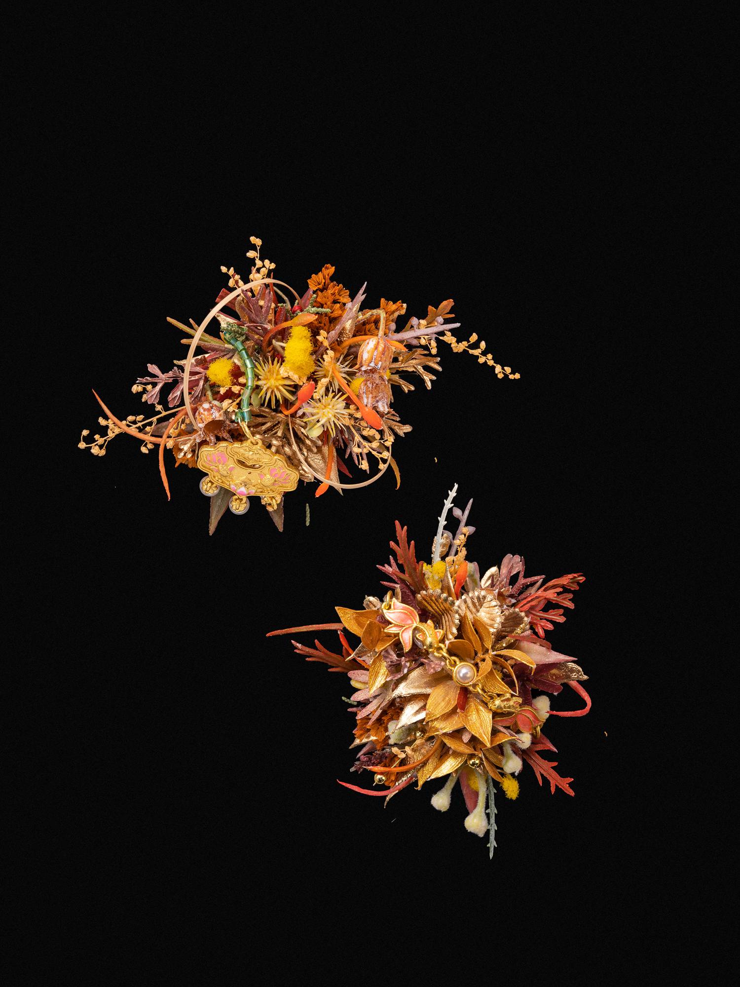 Two intricate, colorful floral arrangements featuring dried flowers and foliage on a black background, akin to Fortune New Chinese Wedding Flower Rings handcrafted by CAMELLIA in New York.
