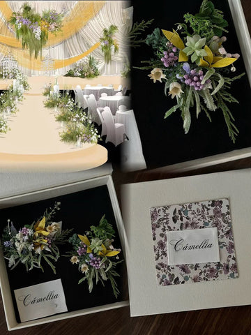 Decorative floral arrangements with greenery and purple accents on a black background are elegantly displayed beside a box labeled "CAMELLIA," reminiscent of the grace in Customized Wedding Flower Rings. A small image shows the event venue with floral decor. Decorative floral arrangements with greenery and purple accents on a black background are elegantly displayed beside a box labeled "CAMELLIA," reminiscent of the grace in Customized Wedding Flower Rings. A small image shows the event venue with floral decor.