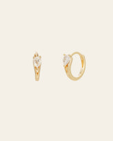 CAMELLIA's Lena Hoops feature gold hoops with teardrop center stones on a plain background. Made from 14K Yellow Gold Vermeil, one earring is shown side view and the other front-facing. They are hypoallergenic and ideal for sensitive ears.