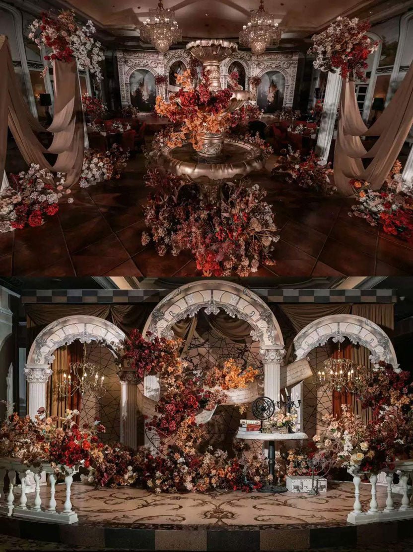 The opulent event setting featured floral arrangements, chandeliers, draped fabric, and ornate arches, beautifully completed by CAMELLIA's Vintage Maillard Modern Year Wedding Flower Rings handcrafted in New York.