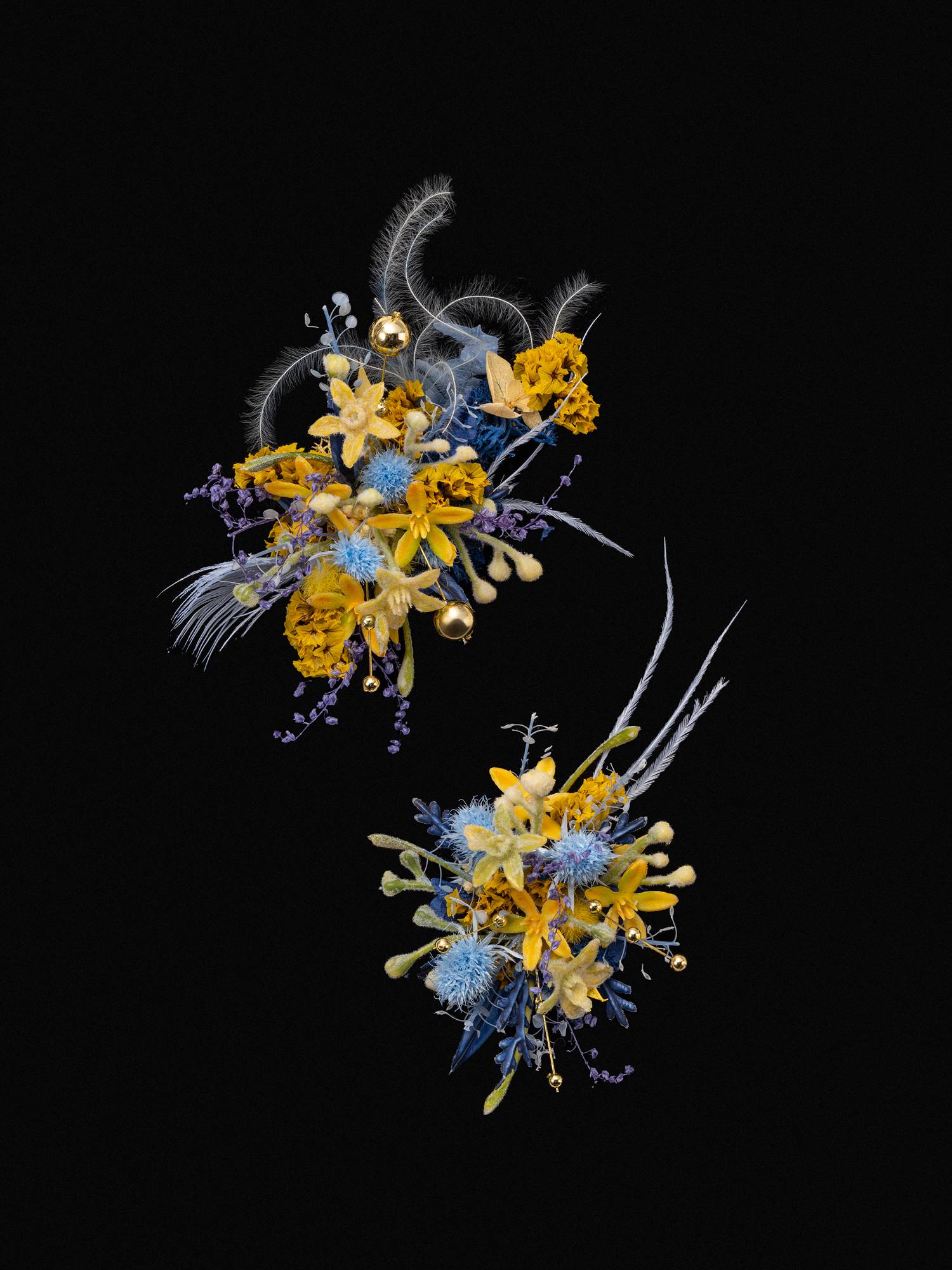The Van Gogh's Starry Wedding Flower Rings by CAMELLIA showcase vibrant yellow, blue, and purple flowers with dried floral accents, all set against a black background.