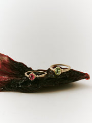 The CAMELLIA Eden Peridot Ring and a vintage red gemstone ring are displayed on a dark red dried leaf, set against a plain white background.