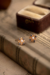 The Chloe Pearl Tanzanite Jewelry Set by CAMELLIA, featuring ornate earrings with a central pearl and blue stones accentuated by tanzanite, is displayed next to an open vintage jewelry box on a textured surface.