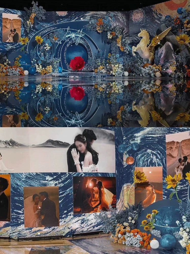 Van Gogh's Starry Wedding Flower Rings by CAMELLIA is a handcrafted New York display featuring swirling blue patterns, dried flowers, intimate couple photos, and a white horse statue on a reflective surface.