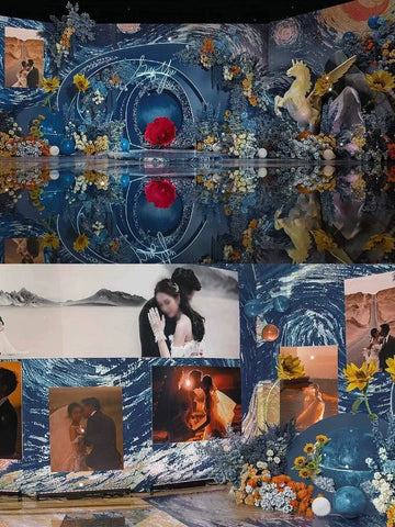 Van Gogh's Starry Wedding Flower Rings by CAMELLIA is a handcrafted New York display featuring swirling blue patterns, dried flowers, intimate couple photos, and a white horse statue on a reflective surface. Van Gogh's Starry Wedding Flower Rings by CAMELLIA is a handcrafted New York display featuring swirling blue patterns, dried flowers, intimate couple photos, and a white horse statue on a reflective surface.