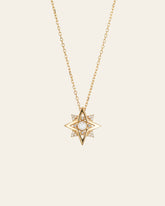 The CAMELLIA New York Aquamarine Pentagram Necklace features a six-pointed star pendant in 14K Yellow Gold Vermeil, embellished with small, diamond-like stones on a plain background.