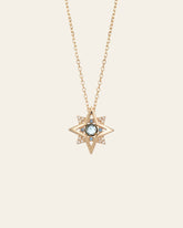The New York Topaz Pentagram Necklace by CAMELLIA features a gold star-shaped pendant with a blue topaz center and clear stones on a 14K yellow gold vermeil chain, set against a plain background.
