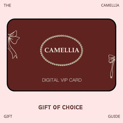 A digital CAMELLIA Gift Card featuring a pearl border on a maroon background with decorative bows on the left side and the text "The Camellia Gift Guide" and "Gift of Love and Choice.