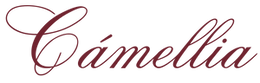 The word "Camellia" is written in a decorative, cursive maroon font on a transparent background.