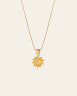 The Elsa Chrysanthemum Citrine Necklace by CAMELLIA features a sunflower-shaped pendant in 14K Gold Vermeil with petal-like details.