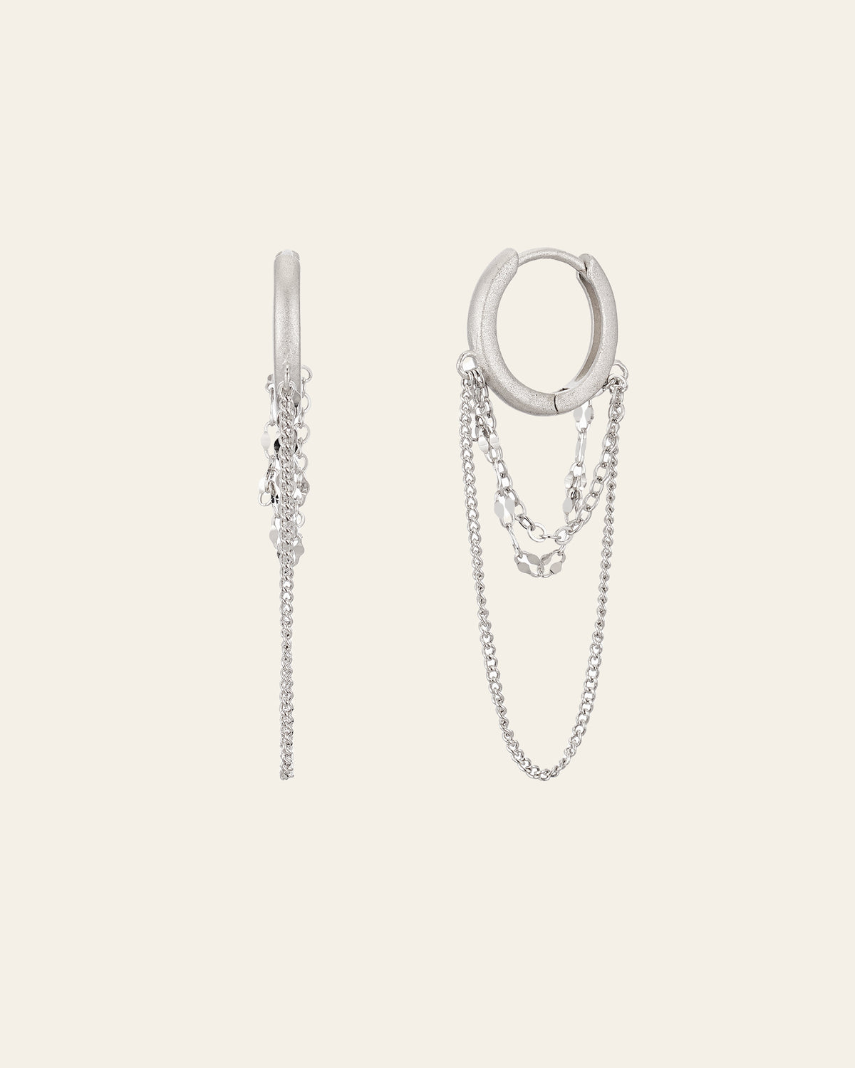 The CAMELLIA Sleeper Chain Hoop Earrings, crafted from hypoallergenic sterling silver, are displayed from the side and front on a plain background.
