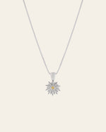 The CAMELLIA Elsa Chrysanthemum Citrine Necklace is sterling silver with a chain featuring a sunflower-shaped pendant, designed with a central citrine November birthstone gem surrounded by clear stones.