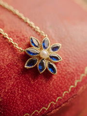 14K Solid Gold Cámellia Sapphire Pearl Necklace - CAMELLIA 18" White Gold