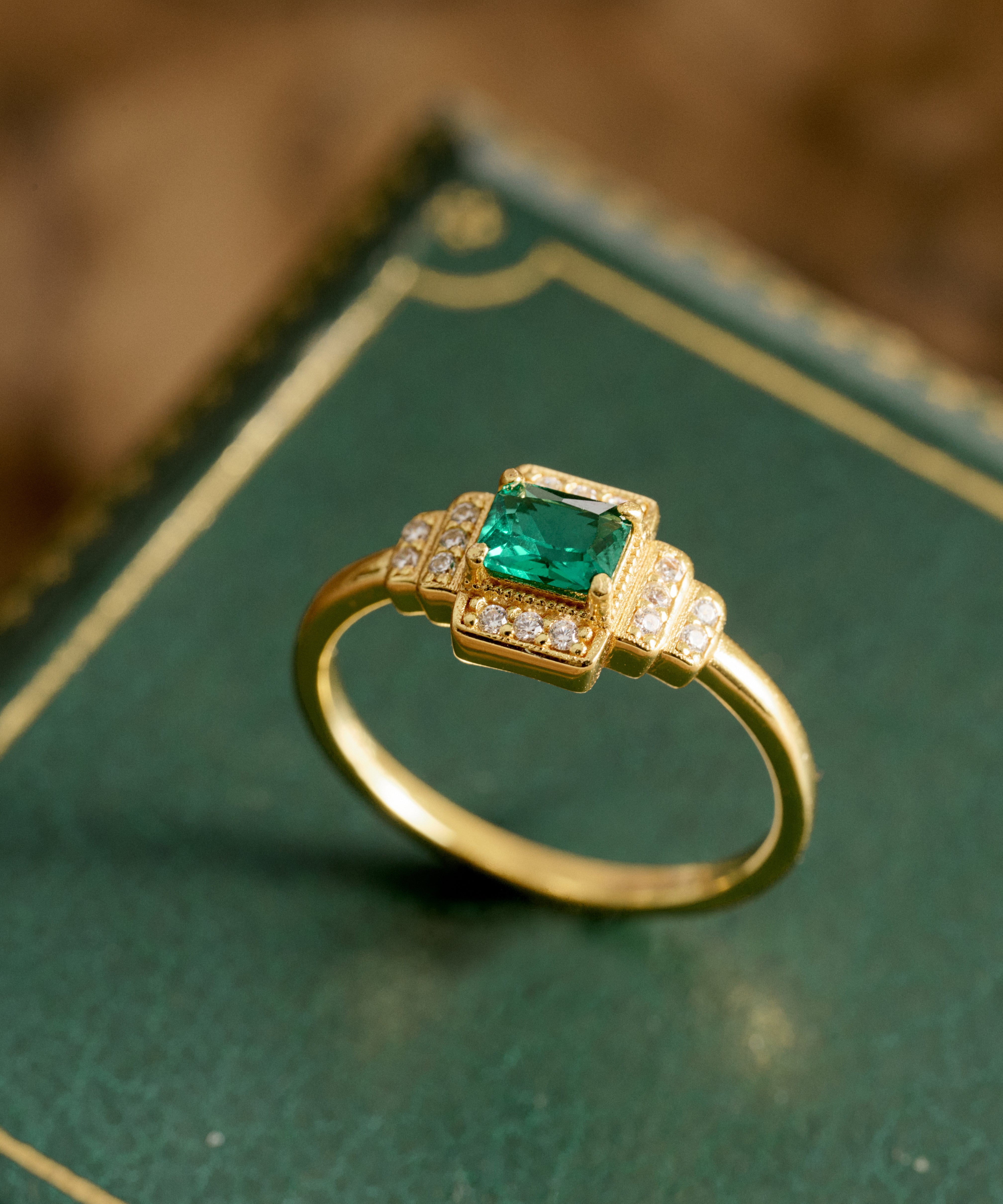 Emerald Deco Halo Ring