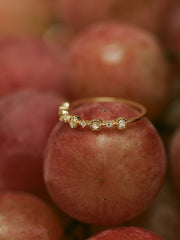 The CAMELLIA Lady Amethyst Ring, a vintage-inspired gold piece adorned with five small diamonds, is showcased resting on a red apple with more apples softly blurred in the background.