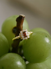 The CAMELLIA Adeline Garnet Ring, featuring a rectangular red garnet and small clear stones in 14K gold vermeil, is displayed on a cluster of green grapes.
