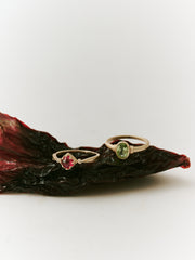 The CAMELLIA Carena Ruby Ring and a vintage floral green gemstone ring are displayed on a dried dark red leaf against a plain background.