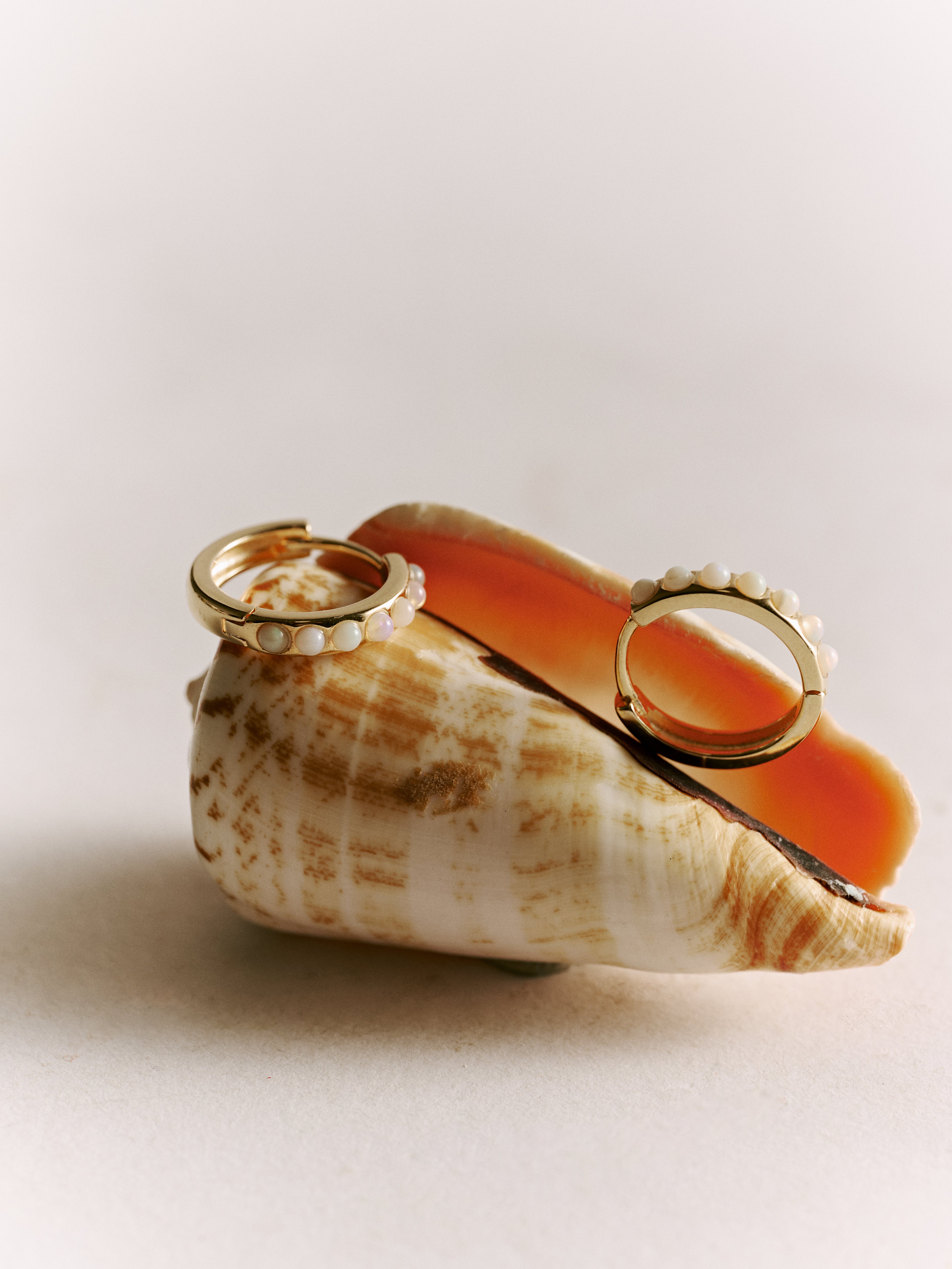 The Una Opal Hoops by CAMELLIA, crafted in 14K gold vermeil and accented with small white opals, rest on a large orange and white seashell against a neutral backdrop for an elegant hypoallergenic jewelry display.