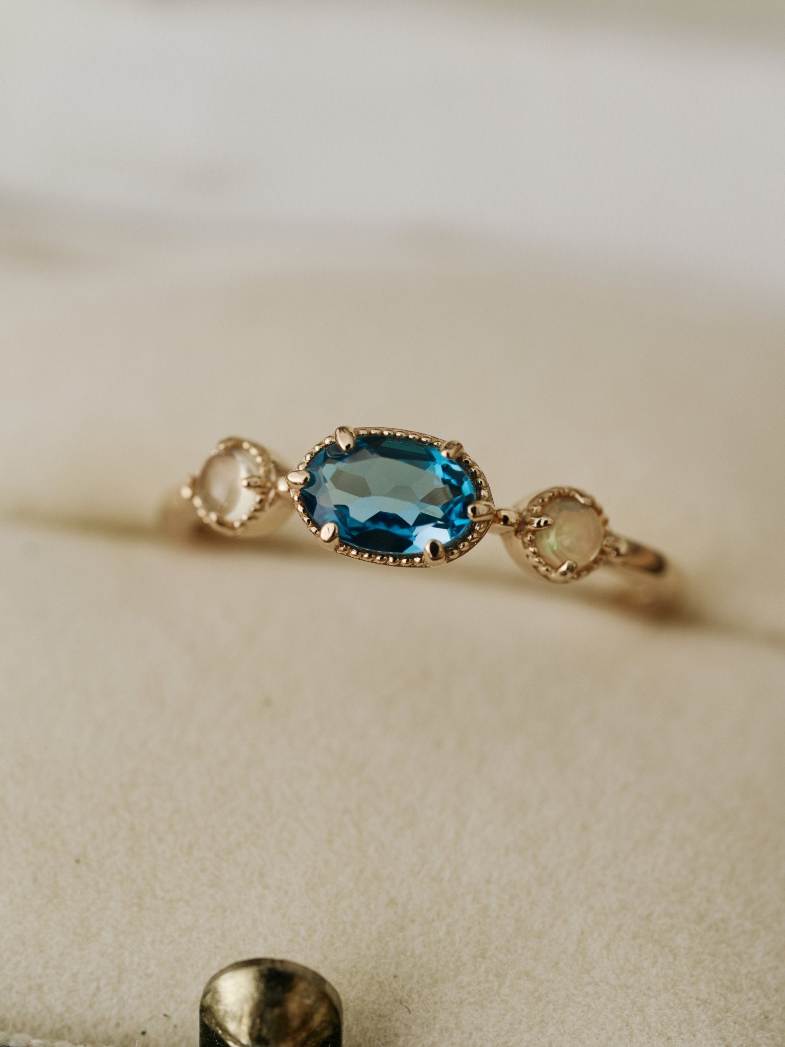 14K Solid Gold Celestine Topaz & Opal Ring - CAMELLIA 3.5