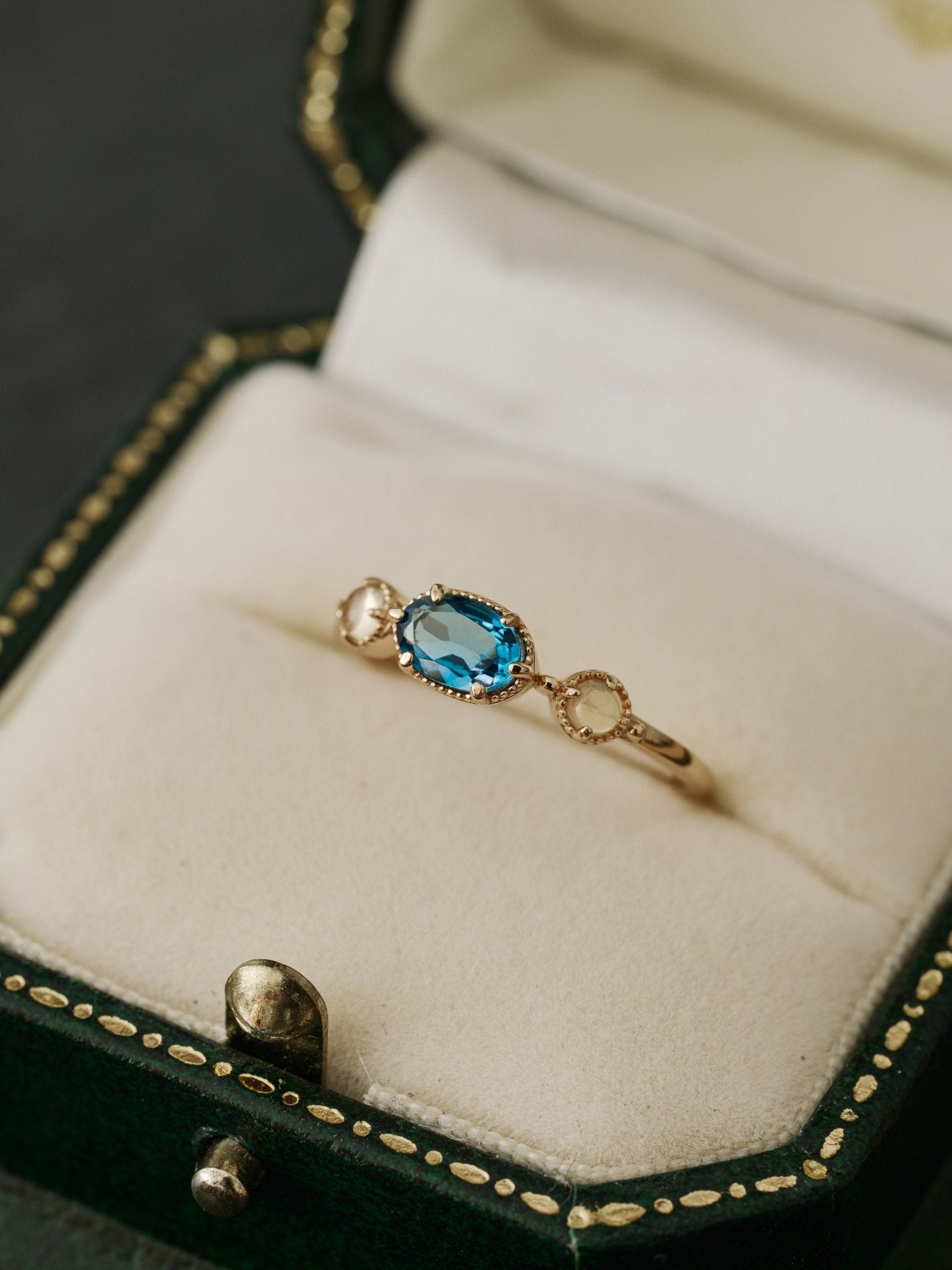 14K Solid Gold Celestine Topaz & Opal Ring - CAMELLIA 3.5