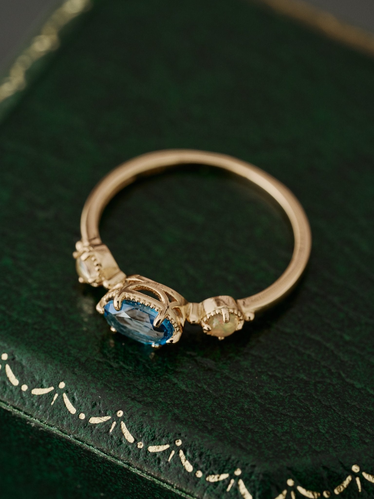 14K Solid Gold Celestine Topaz & Opal Ring - CAMELLIA 3.5