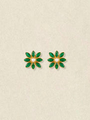 Emerald-Hued Stone & Freshwater Pearl Floral Earrings – Camellia
