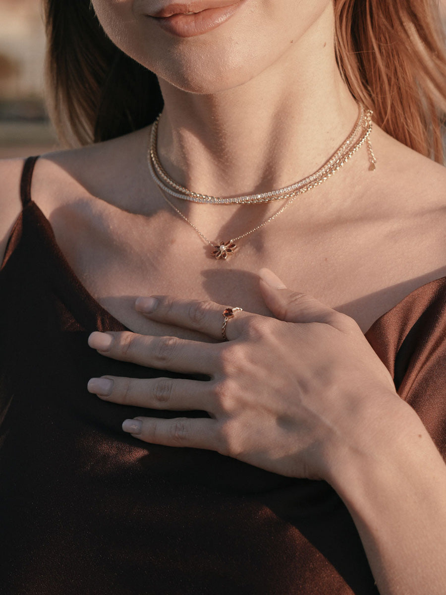 Model in Camellia Garnet Pearl Necklace