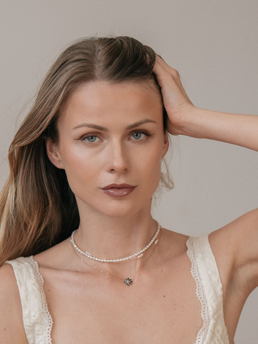 Model in Camellia Sapphire Pearl Necklace