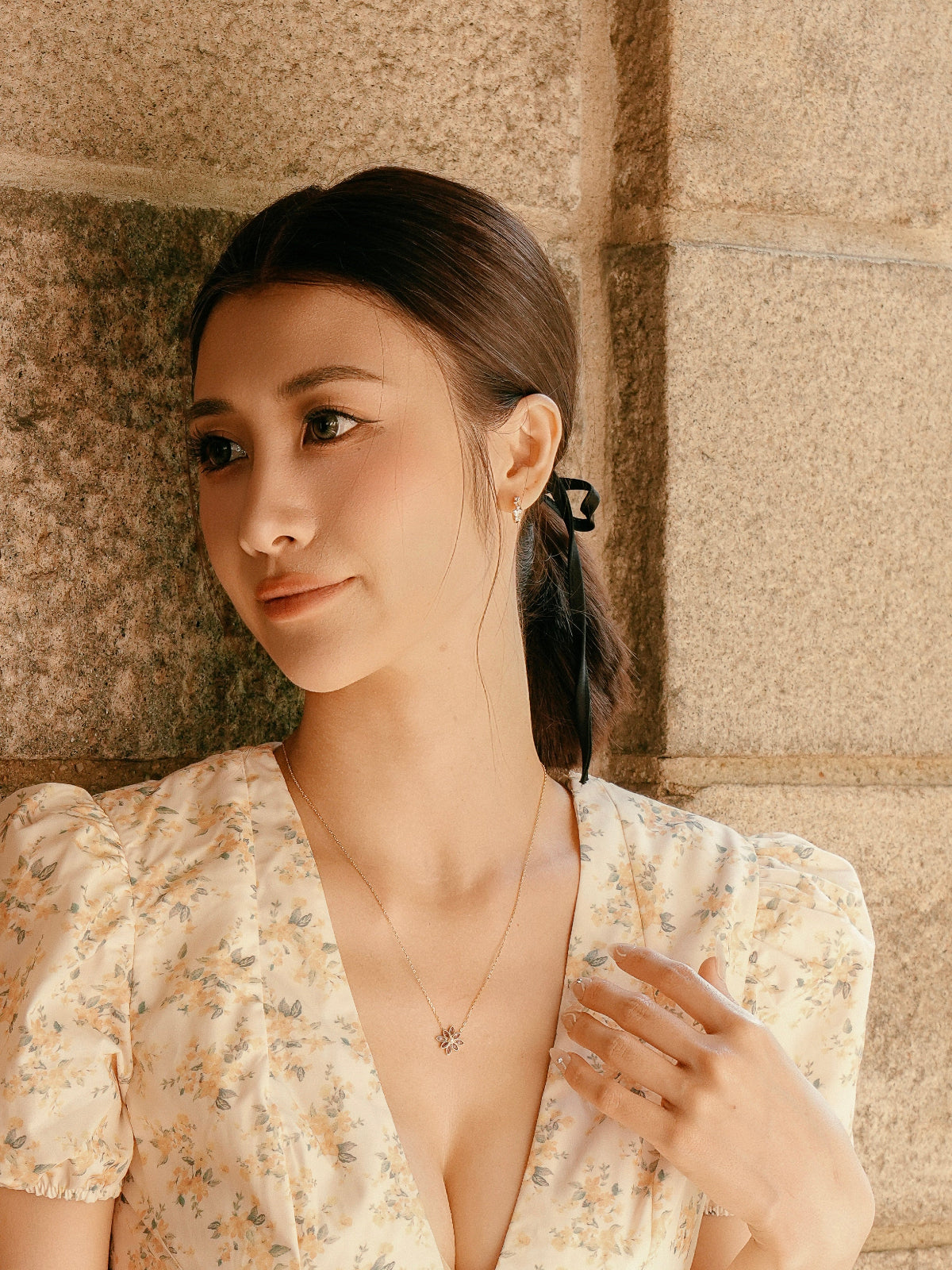 Model with Camellia Amethyst Pearl Necklace