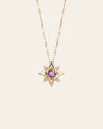 The New York Amethyst Pentagram Necklace by CAMELLIA showcases a star-shaped pendant with a central amethyst and smaller stones, crafted in 14K Yellow Gold Vermeil, set against a light background.
