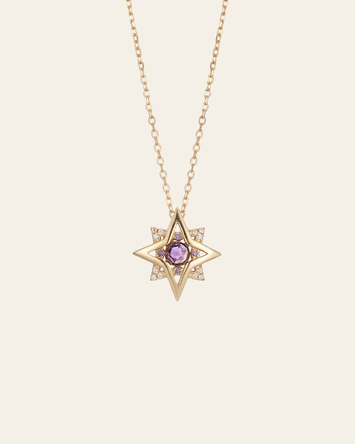 The New York Amethyst Pentagram Necklace by CAMELLIA showcases a star-shaped pendant with a central amethyst and smaller stones, crafted in 14K Yellow Gold Vermeil, set against a light background.