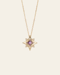The New York Amethyst Pentagram Necklace by CAMELLIA showcases a star-shaped pendant with a central amethyst and smaller stones, crafted in 14K Yellow Gold Vermeil, set against a light background.