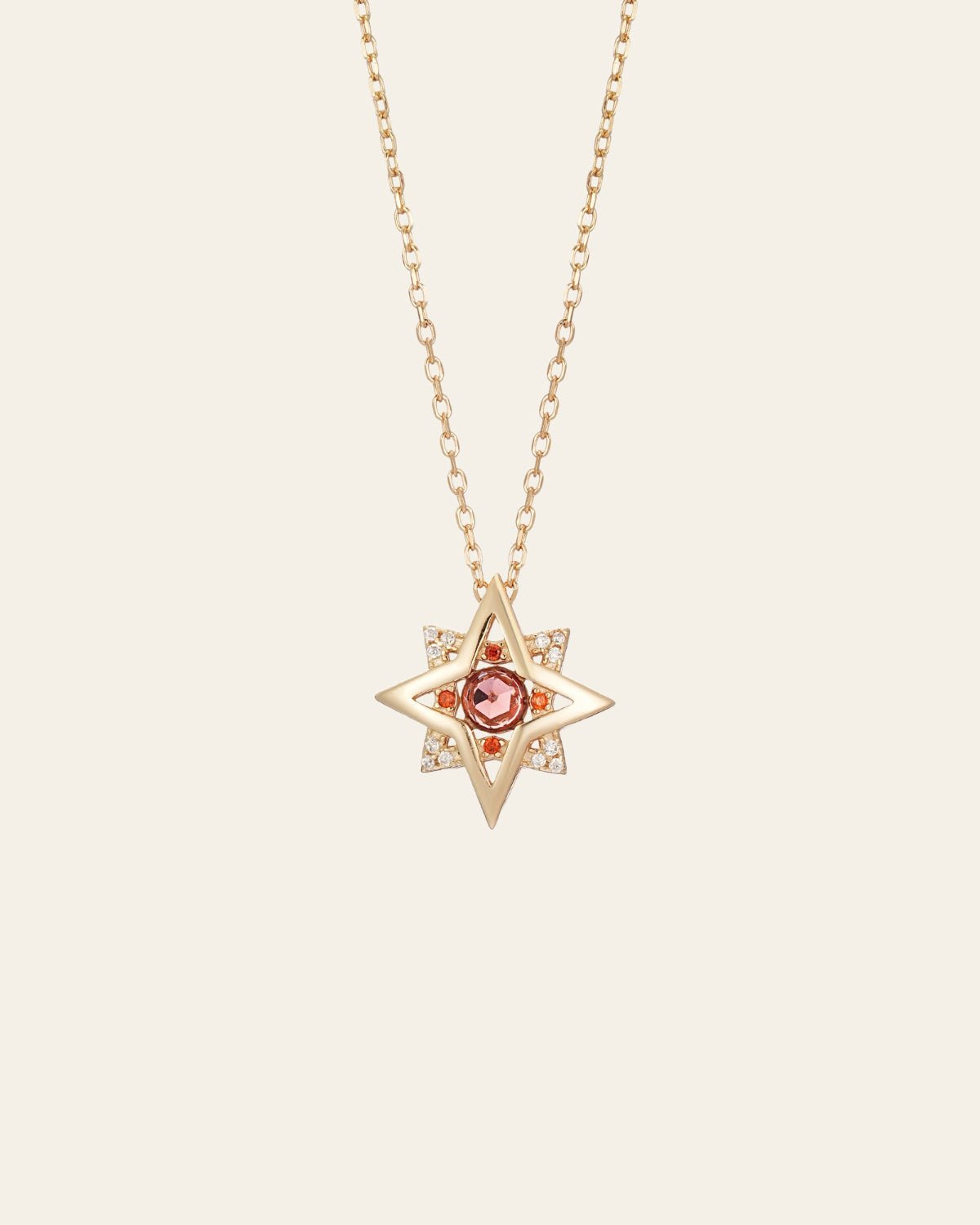 The CAMELLIA New York Ruby Pentagram Necklace showcases a gold star-shaped pendant, crafted in 14K yellow gold vermeil, with a central ruby gemstone encircled by smaller clear stones. It hangs elegantly from a matching chain.