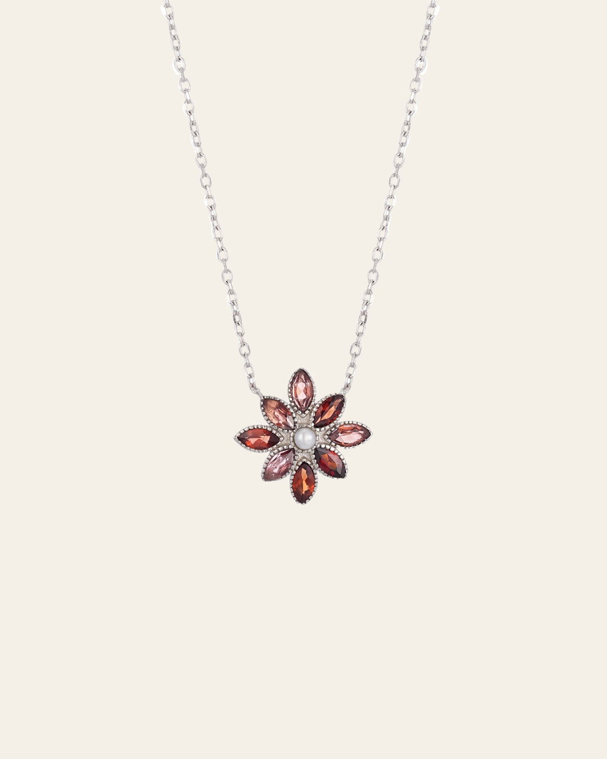 Silver Chain Camellia Garnet Pearl Necklace